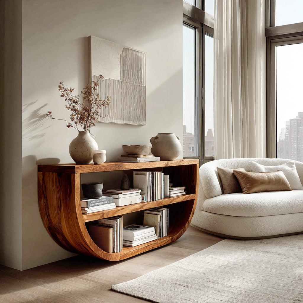 Organic Wooden Console Table With Storage For Living Room