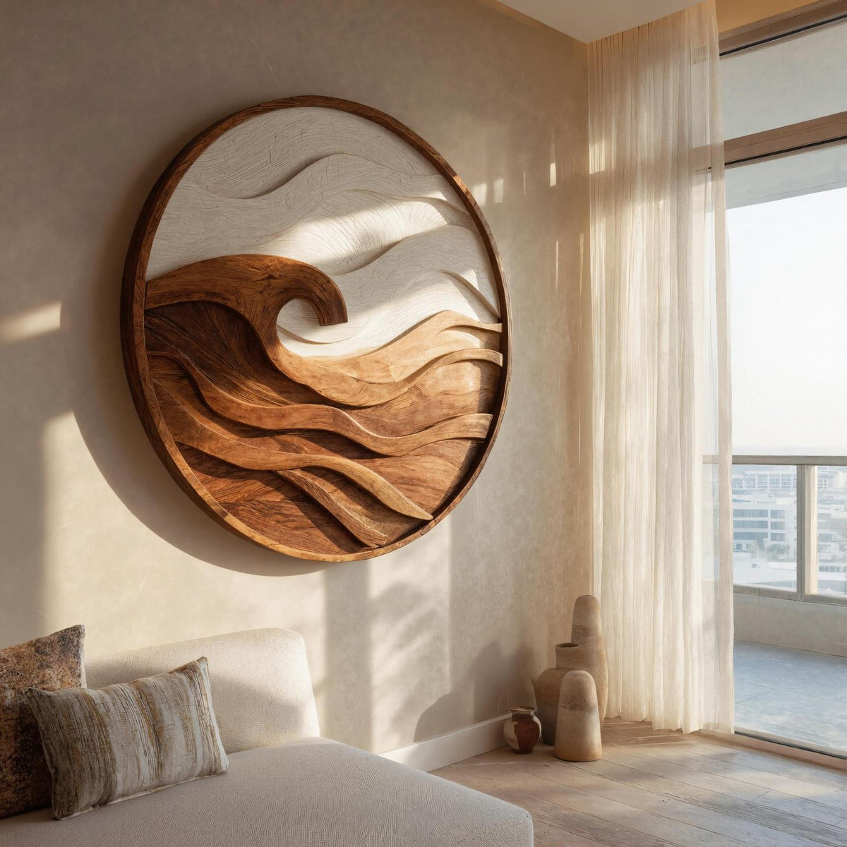 Handcrafted Round Wave Wall Art, 3D Ocean Ripple Carved Wooden Circular Panel for Bedroom & Living Room Decor
