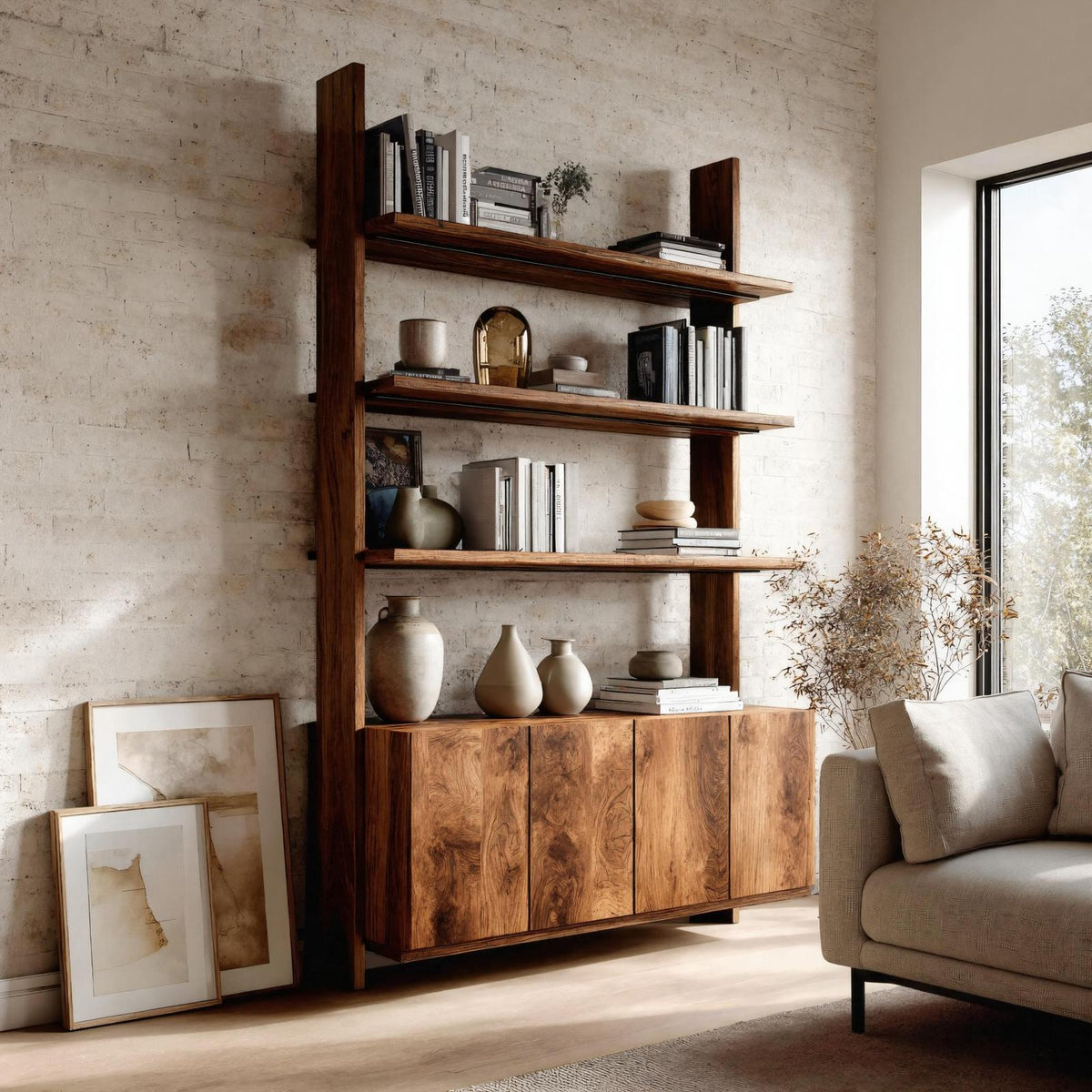 Modern Wood Bookshelf with Open Storage Shelves & Drawers, Handcrafted Bookcase for Living Room & Office