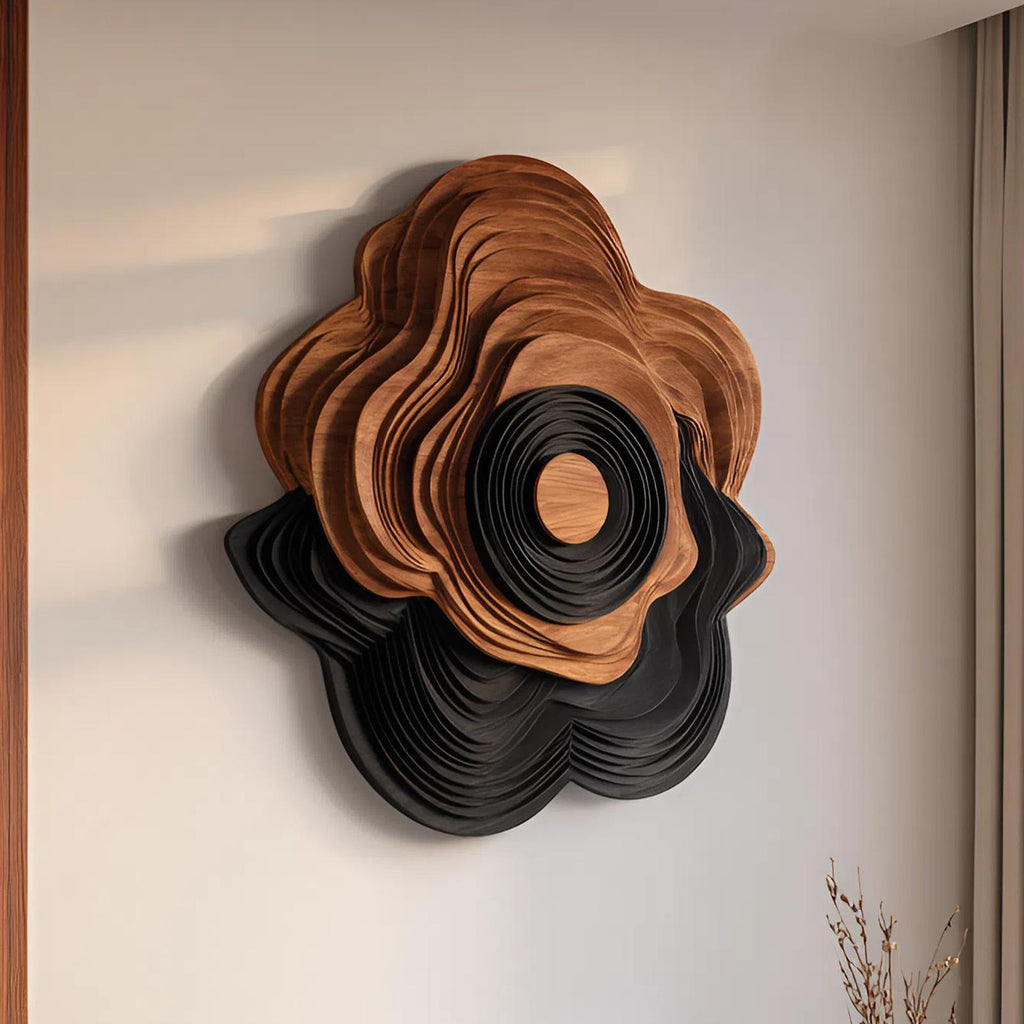 Mid Century Sculptural Wooden Wall Art Panel, Handcrafted Abstract Geometric Wood Sculpture for Living Room Wall Decor