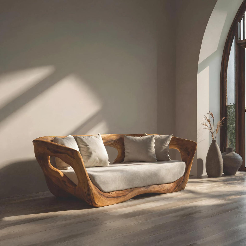 Modern Sculpted Wooden Sofa, Contemporary Lounge Couch Settee, Artistic Designer Loveseat for Living Room