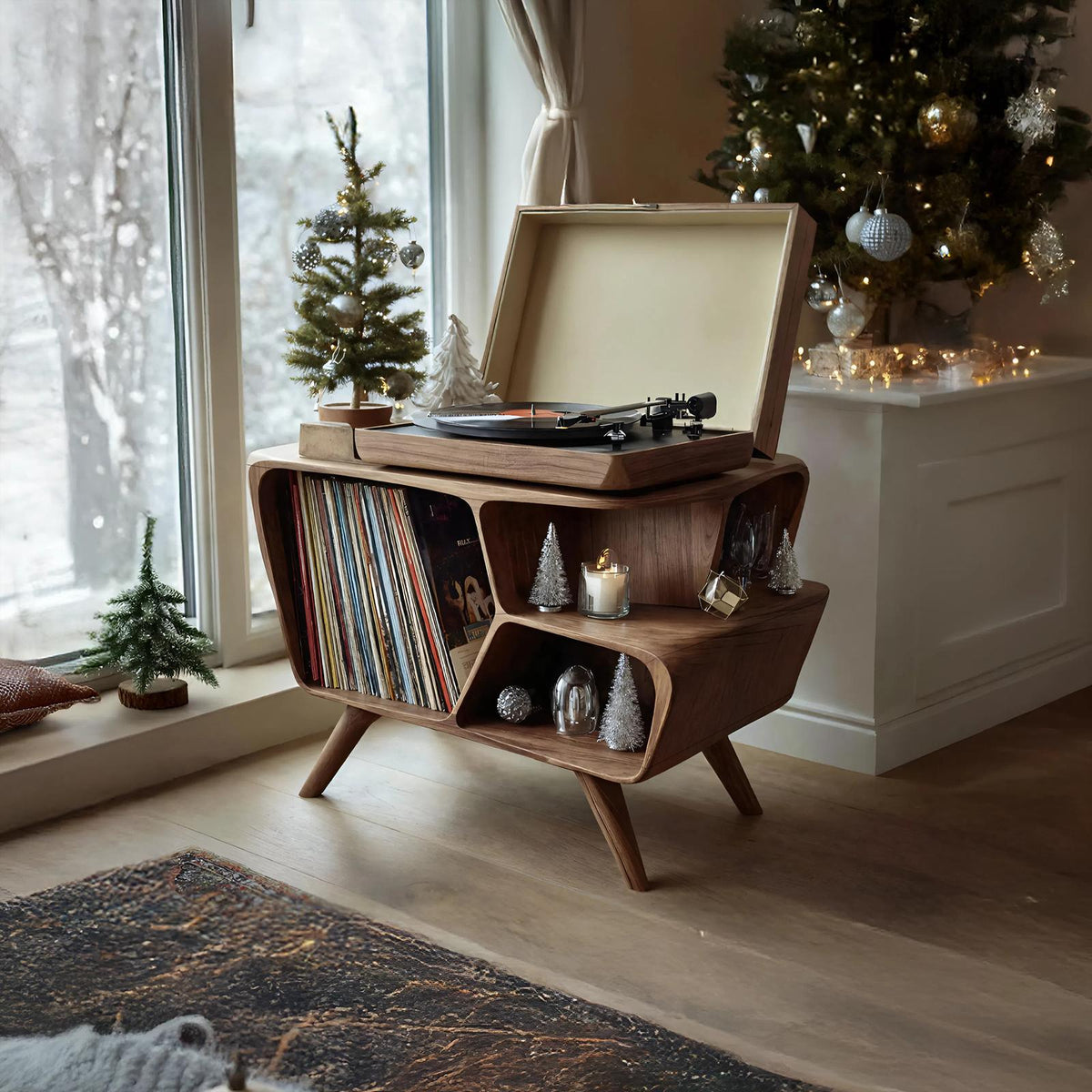 Mid Century Wooden Record Stand, Handcrafted Solid Wood Vinyl Storage Shelf Organizer, Vinyl Lover Holiday Gift for Living Room