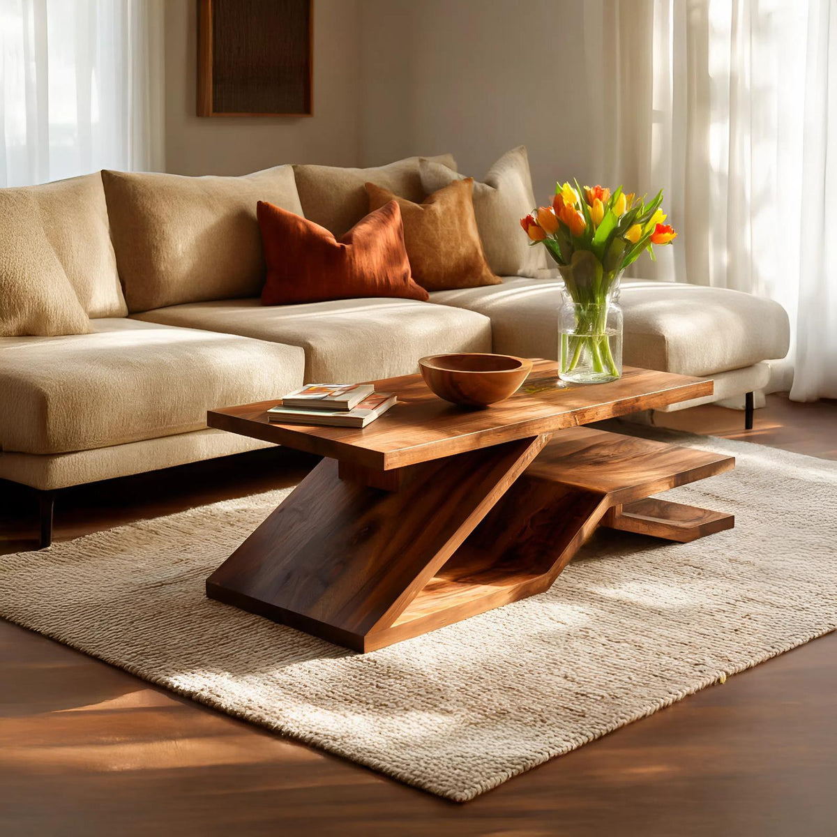 Rustic Coffee Table with Shelf Storage, Handcrafted Solid Wood Center Table for Living Room Decor, Model
