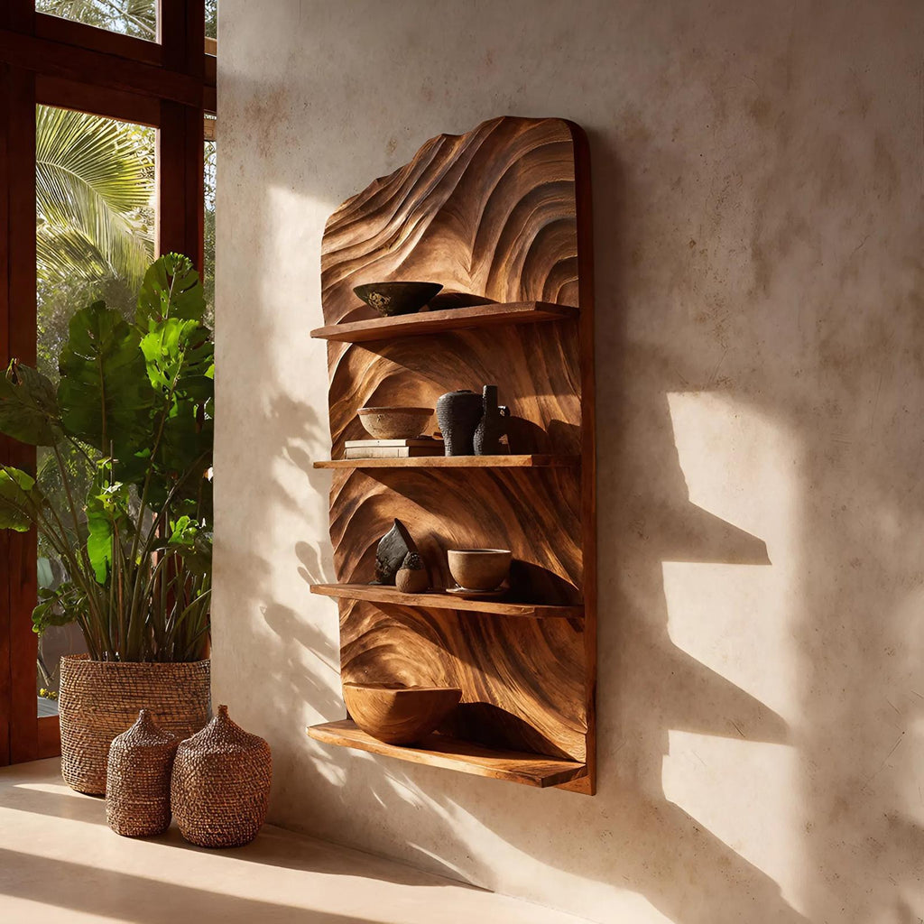 Rustic Handcrafted Wooden Wall Rack, Floating Entryway Storage Organizer & Coat Key Holder Shelf