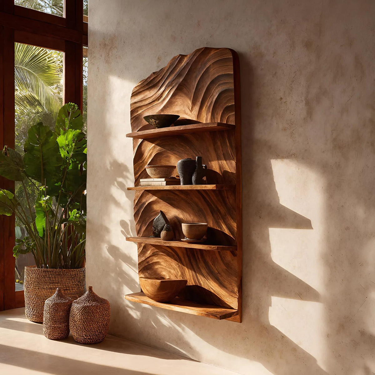 Rustic Handcrafted Wooden Wall Rack, Floating Entryway Storage Organizer & Coat Key Holder Shelf