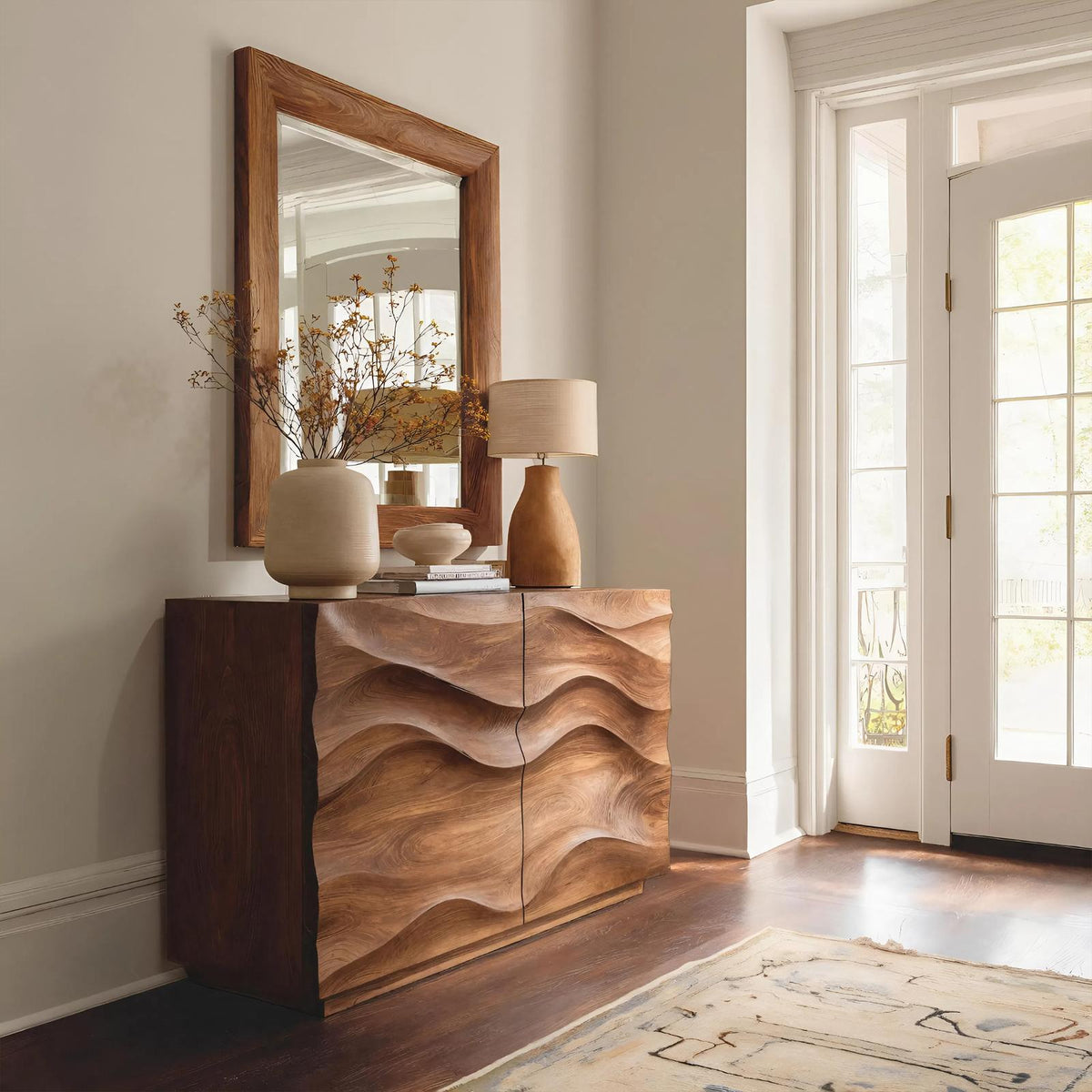 Spry Interior Contemporary Sideboard Sculptural Carved Cabinet, Handcrafted Wood Credenza Storage Console for Living Room, Model RTTHHNSD009