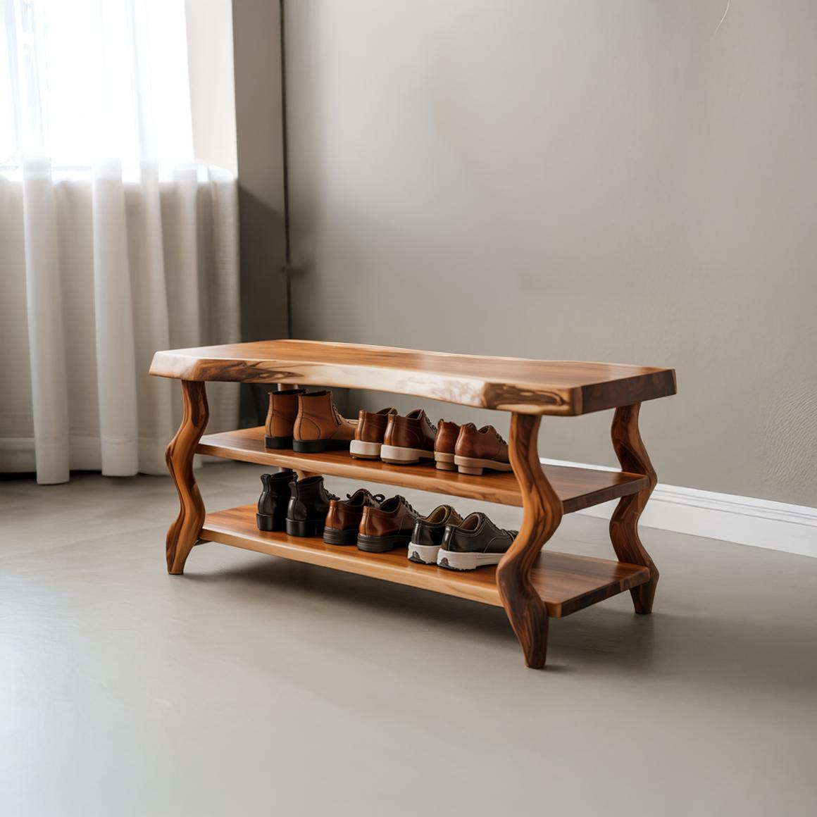 Artisan Rustic Shoe Storage Bench, Handcrafted Solid Wood Entryway Accent Bench with Storage for Living Room