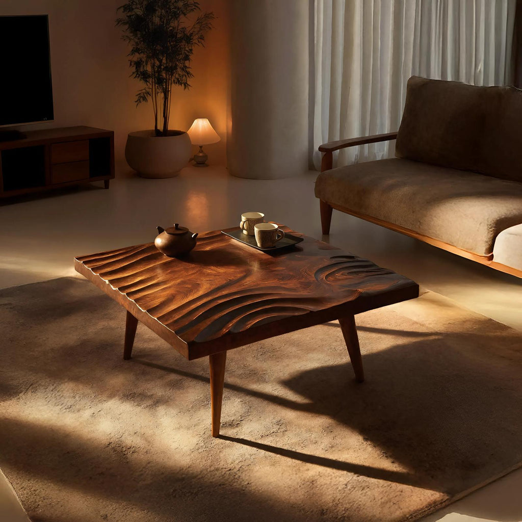 Handcrafted Irregular Solid Wood Coffee Table, Rustic Natural Wood Living Room Center Accent Table