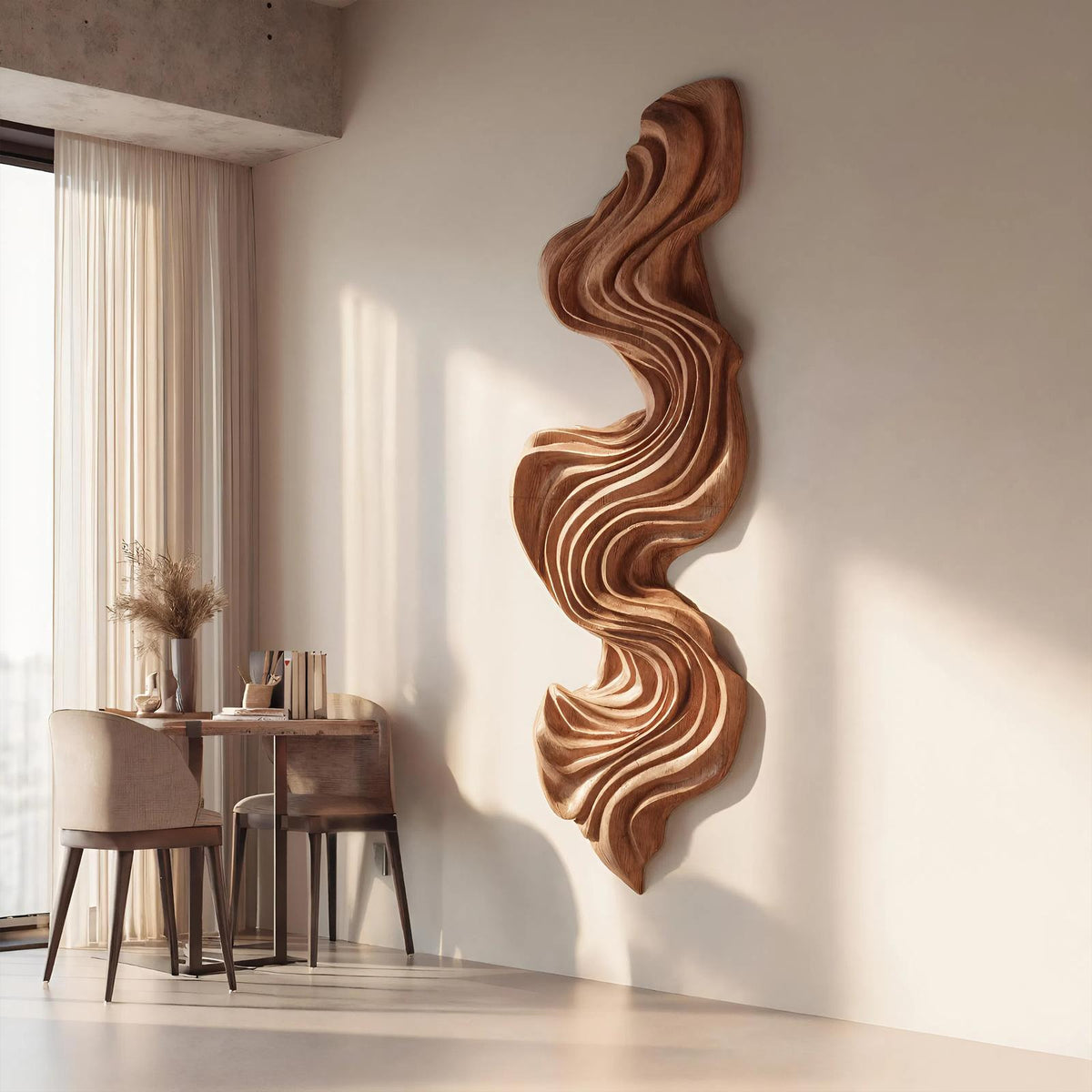 Artisan Vertical Wave Wall Sculpture, Abstract 3D Carved Wood Wall Art Panel for Living Room & Hallway