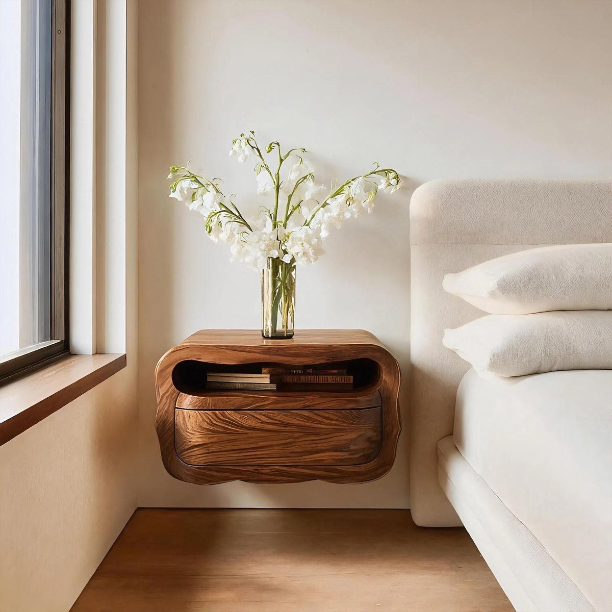 Spry Interior Modern Floating Nightstand with Soft Curves, Wall Mounted Wooden Bedside Table with Drawer, Model RTTHHNNS011