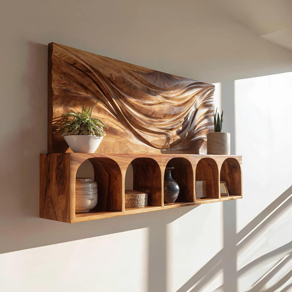 Mid-Century Natural Wood Floating Shelf, Wall Mounted Kitchen Storage & Spice Rack Display