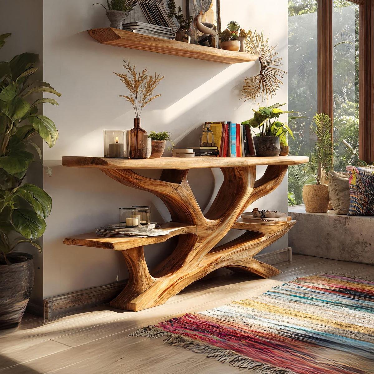 Handcrafted Wooden Live Edge Console Table, Solid Wood Entryway Accent Table with Metal Legs for Luxury Living Room Hallway, SILDTTNCS047