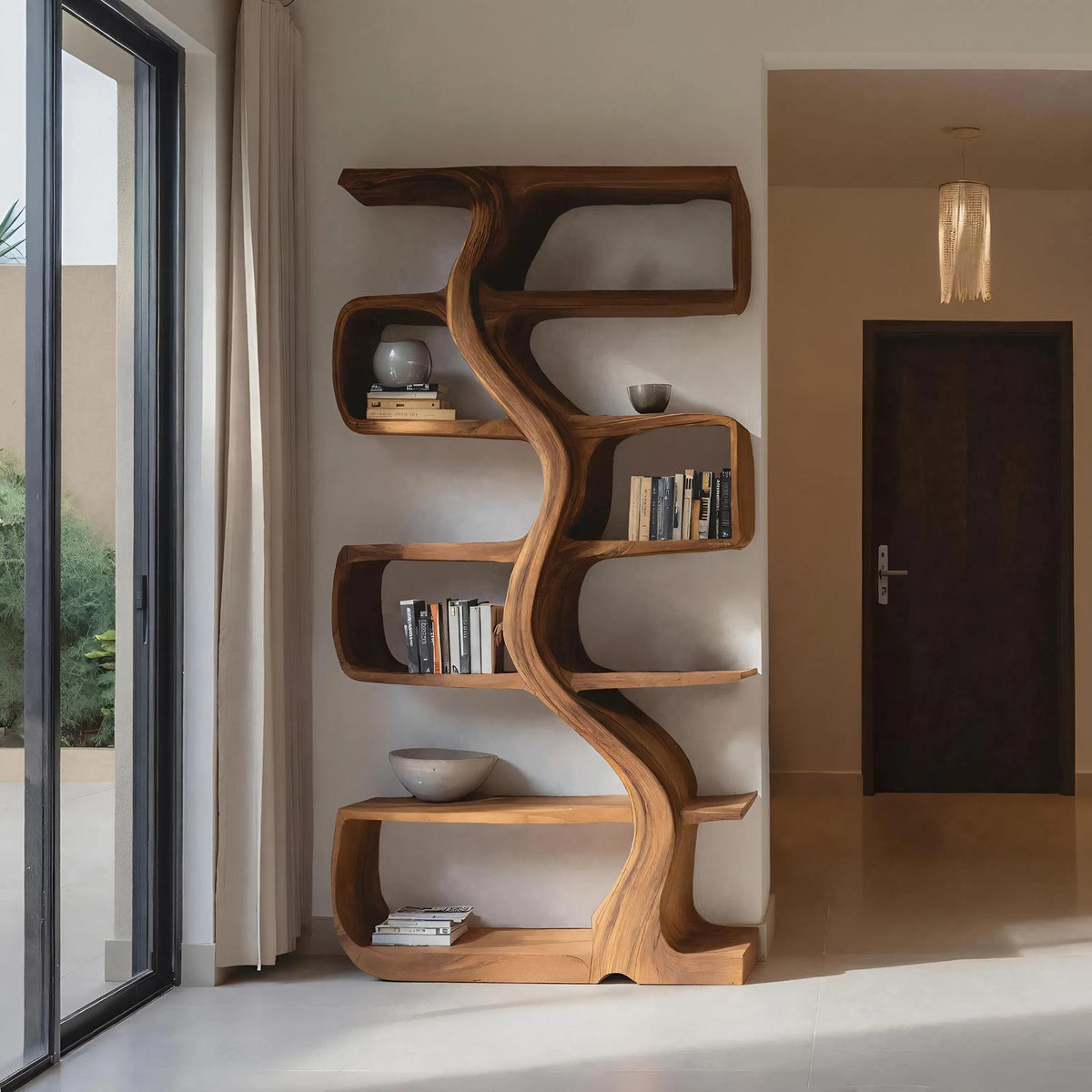 Organic Sculptural Bookshelf With Wavy Design For Living Room
