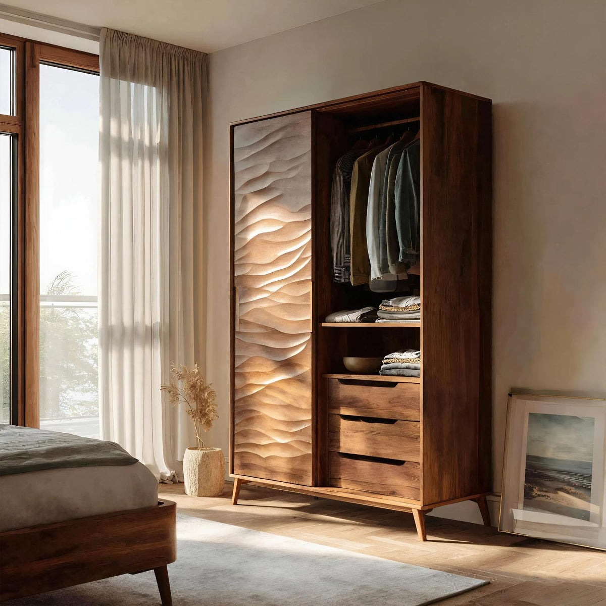 Spry Interior Organic Sculptural Wardrobe with Wave Door, Handcrafted Solid Wood Clothes Storage Armoire Cabinet, RTTHHNWRE001