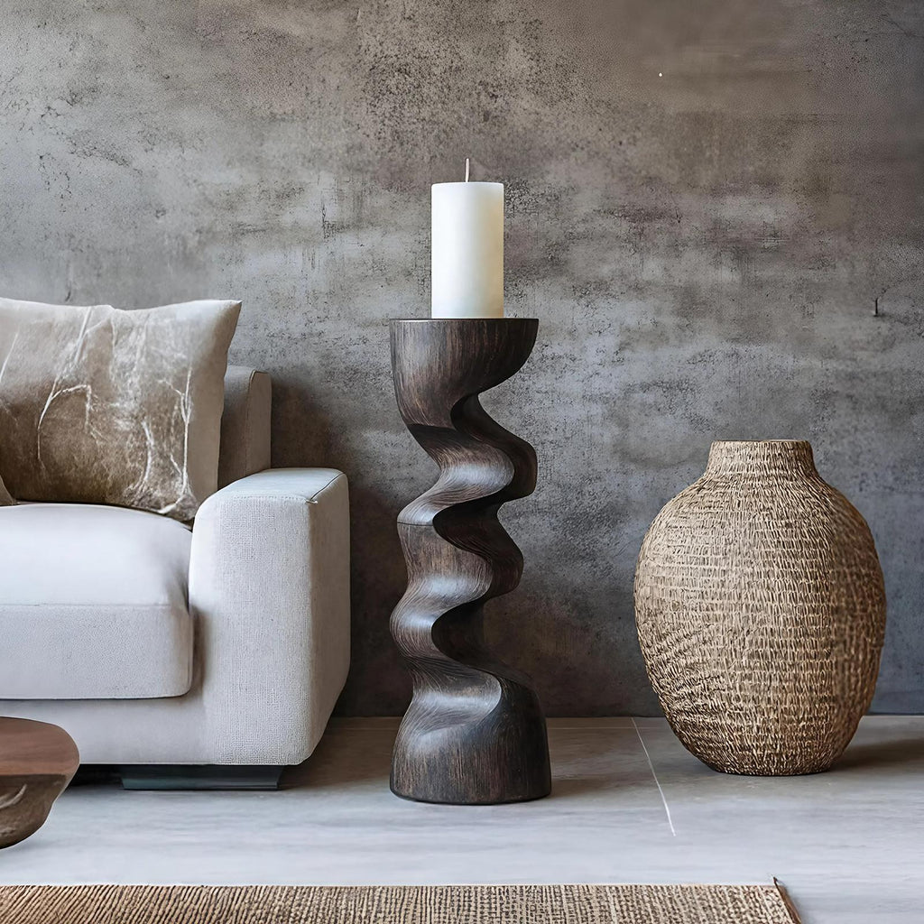 Rustic Wooden Candlestick Holder, Handcrafted Solid Wood Pillar Candle Stand for Bedroom Cozy Ambience Decor