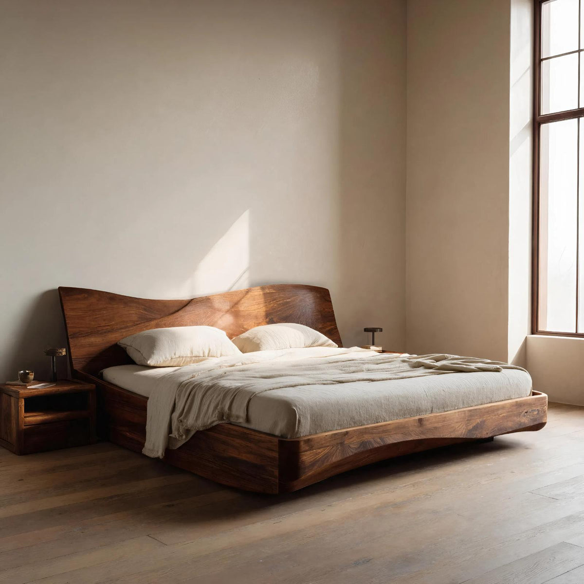 Spry Interior Organic Platform Bed and Headboard, Handcrafted Solid Wood Minimalist Bed Frame for Bedroom Decor, RTTHHNWO003