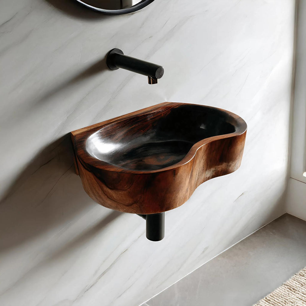 Mid Century Solid Wood Vessel Sink, Elegant Handcrafted Wooden Bathroom Wash Basin for Vanity Top