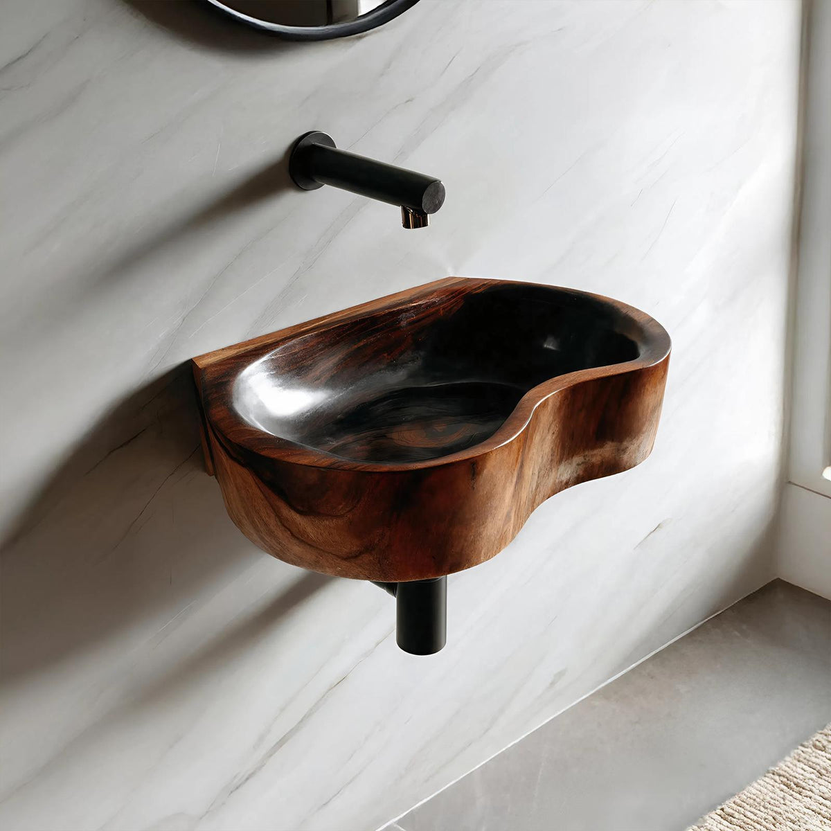 Mid Century Solid Wood Vessel Sink, Elegant Handcrafted Wooden Bathroom Wash Basin for Vanity Top