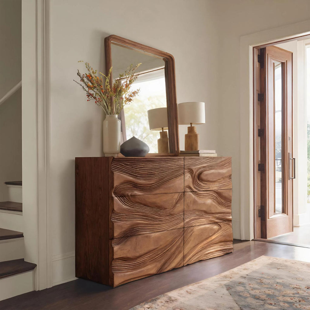 Minimalist Wooden Sideboard with Sculpted Wave Front, Handcrafted Solid Wood Credenza for Living Room Decor, Model