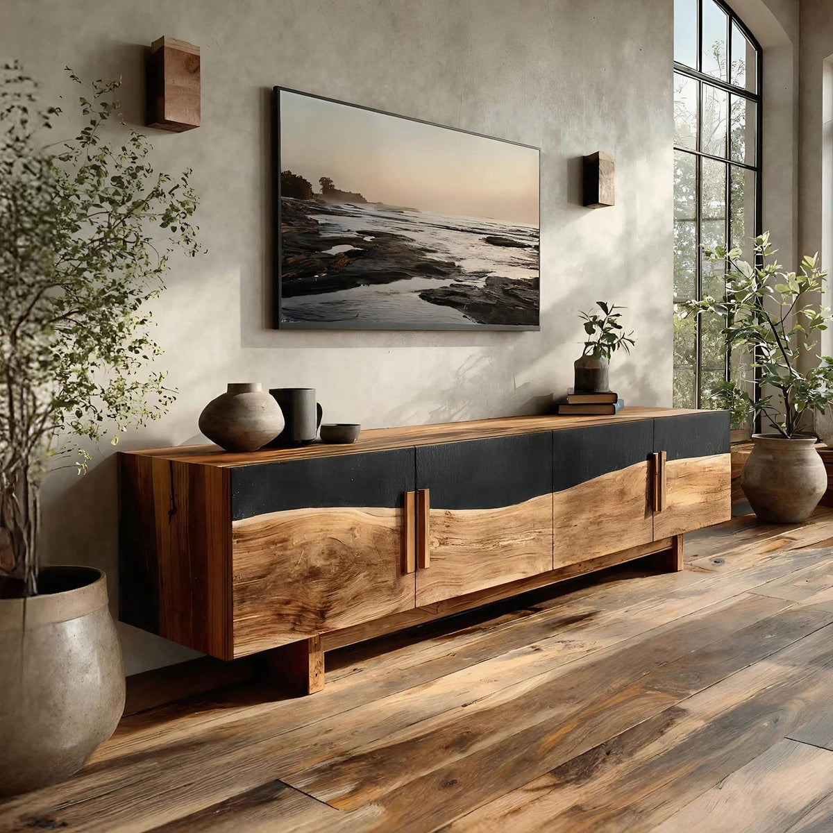 Spry Interior Mid Century Natural Wood Entertainment Unit, Handcrafted TV Stand Media Console for Foyer & Living Room Decor, SILDTTNTVC114