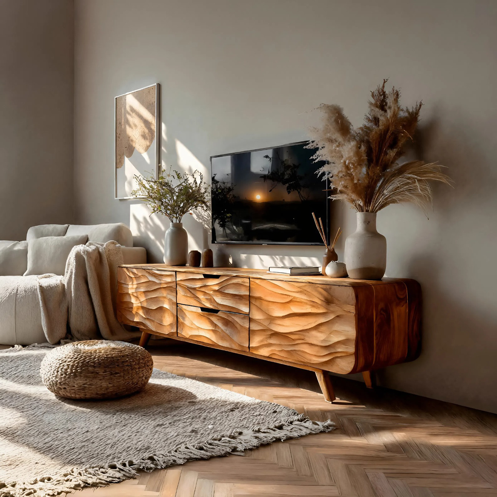 Handcrafted Wooden TV Stand with Stylish Storage Cabinets, Modern Artisan Media Console for Living Room
