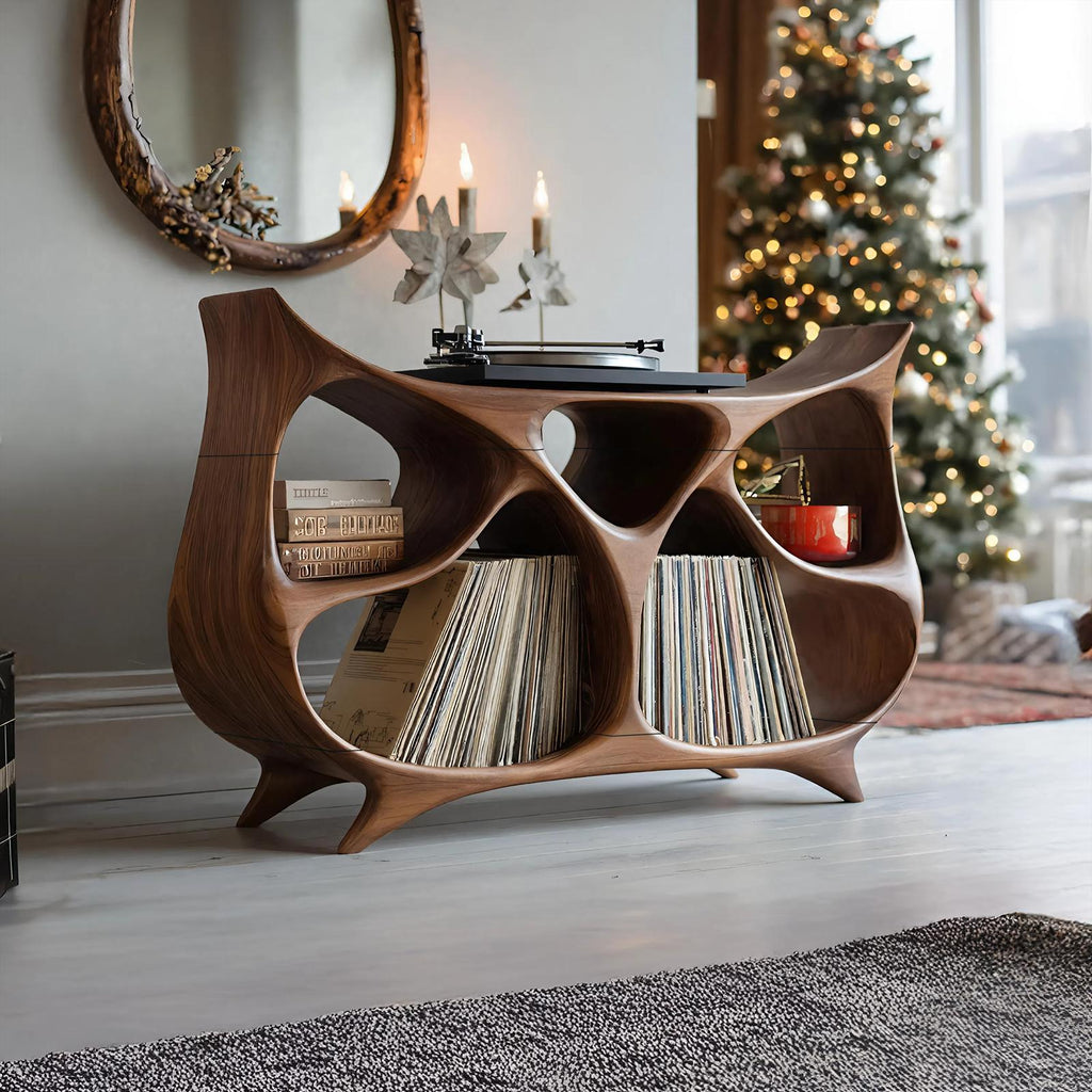 Farmhouse Wooden Record Stand, Rustic Solid Wood Vinyl Storage Holder & Media Cabinet Organizer Shelf
