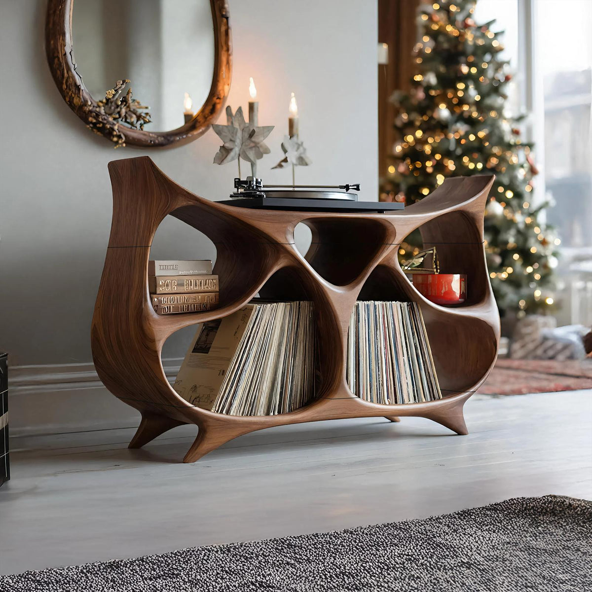 Farmhouse Wooden Record Stand, Rustic Solid Wood Vinyl Storage Holder & Media Cabinet Organizer Shelf