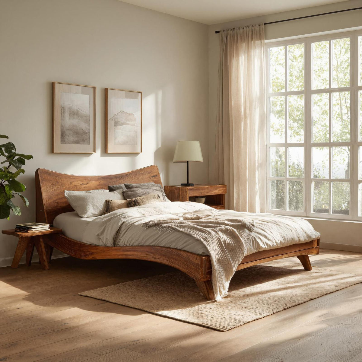 Spry Interior Curved Solid Wood Bed Frame with Headboard Set, Handcrafted Mid-Century Modern Bedroom Furniture, RTTHHNWO006