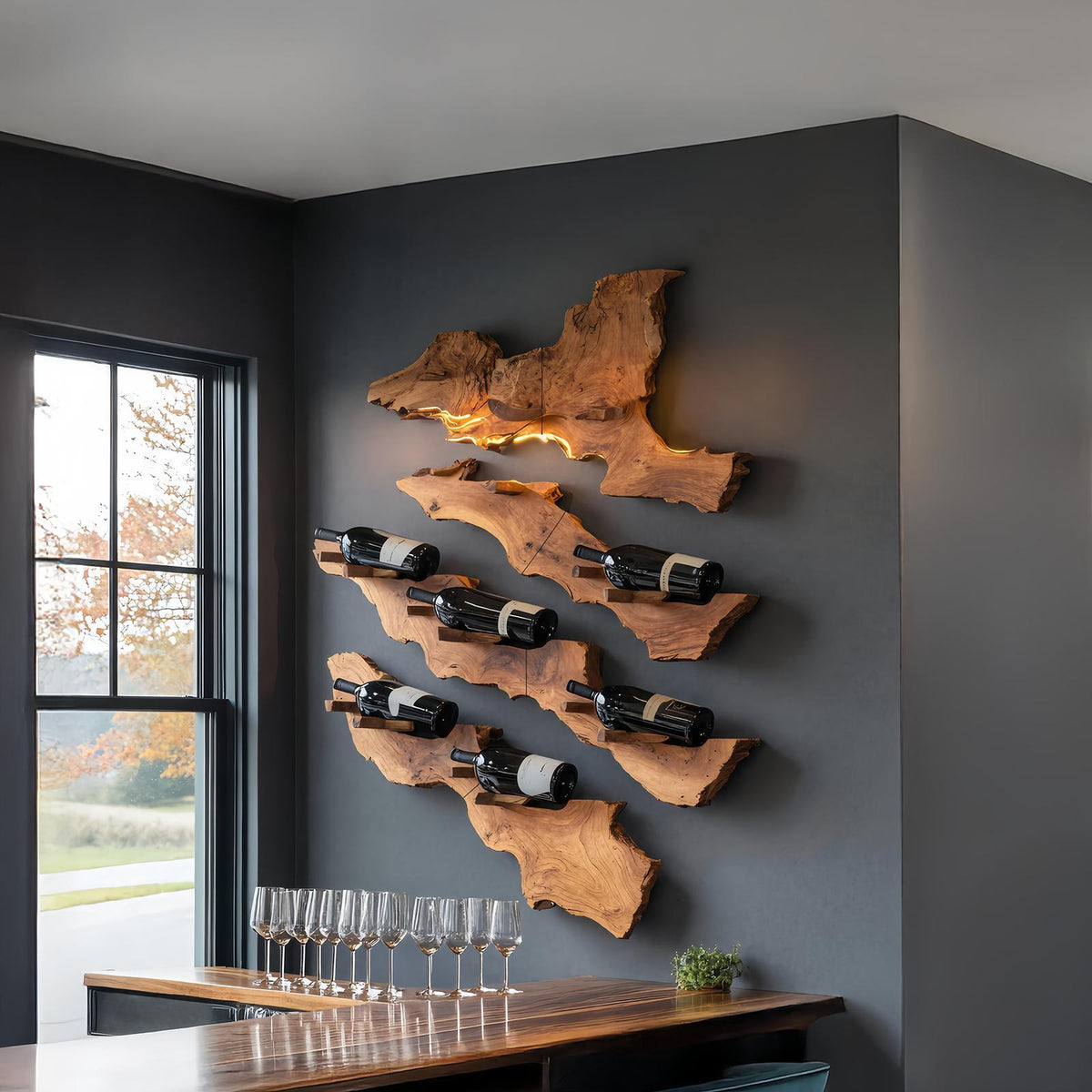 Handcrafted Live Edge Wooden Wine Holder, Rustic Solid Wood Bottle Storage Rack for Bar Decor