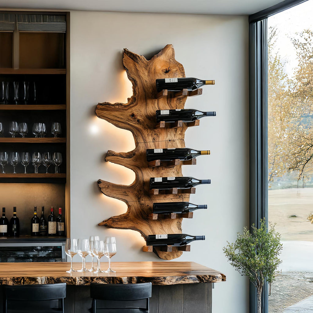 Modern Live Edge Wooden Wine Rack, Handcrafted Solid Wood Bottle Storage Holder Display Shelf