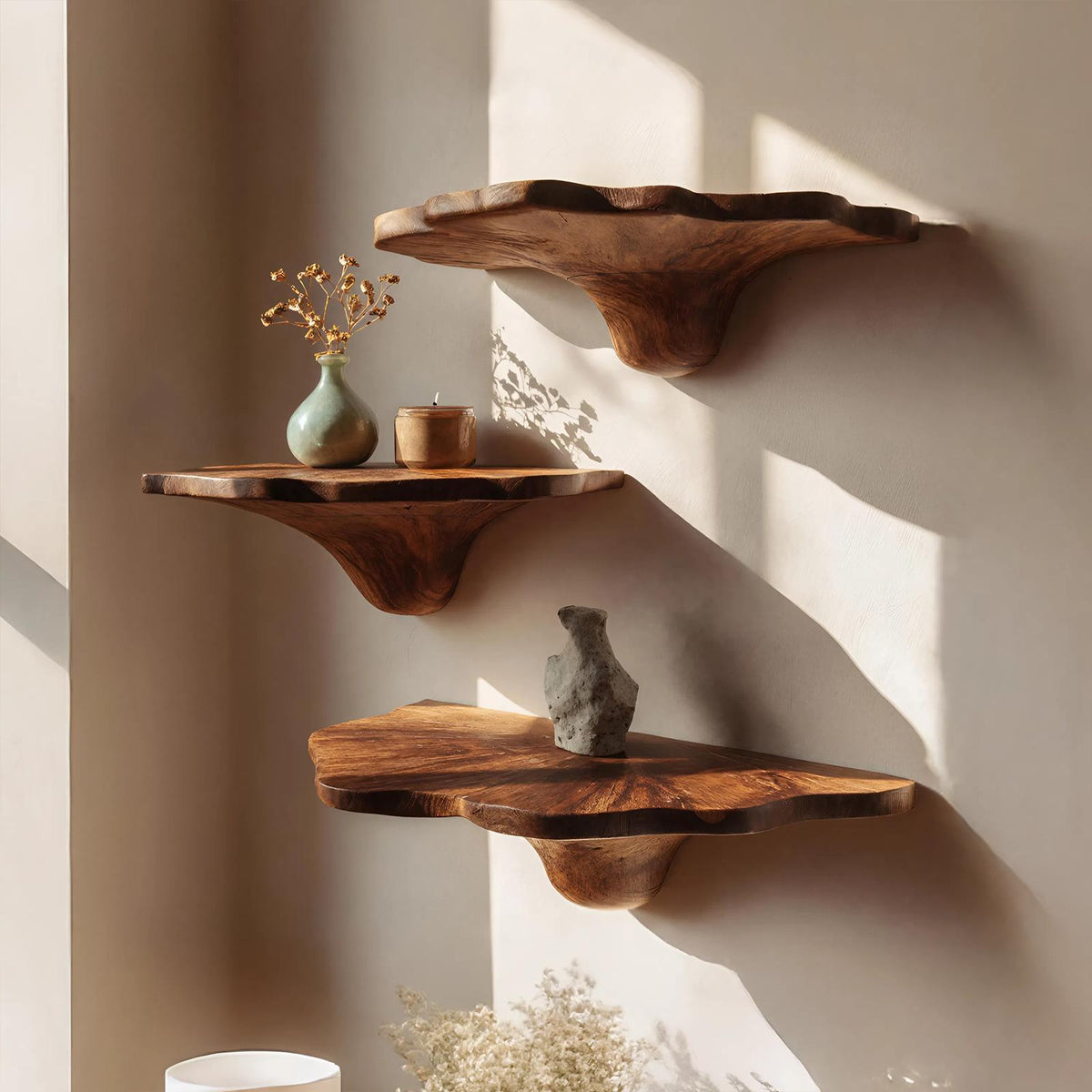 Handcrafted Wooden Mushroom Shelf For Artistic Living Room Decor