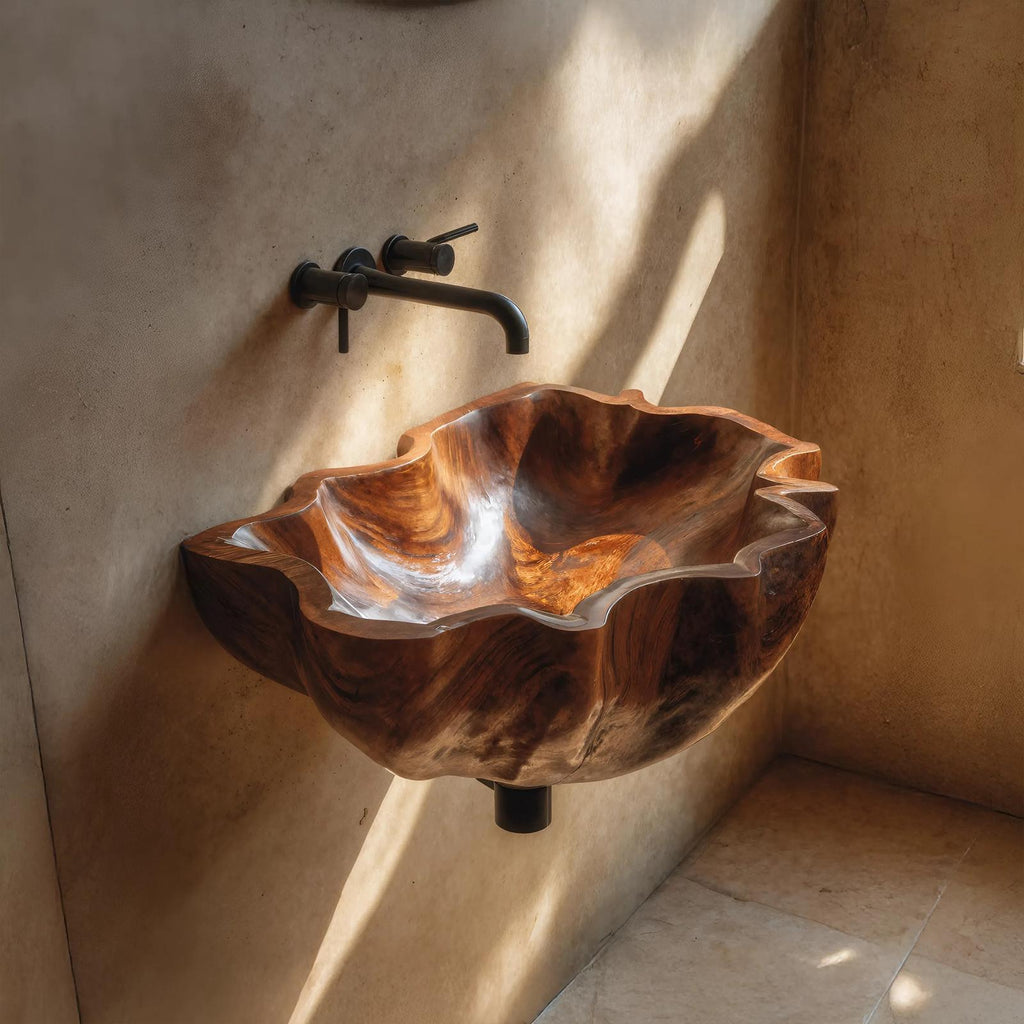 Mid Century Live Edge Wooden Vessel Sink, Rustic Solid Wood Bathroom Wash Basin for Vanity Top