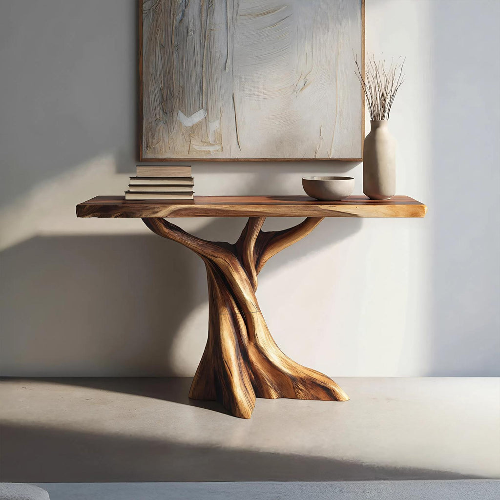 Farmhouse Solid Wood Console Table, Organic Sculptural Wooden Entryway and Bedroom Accent Table for Home Decor