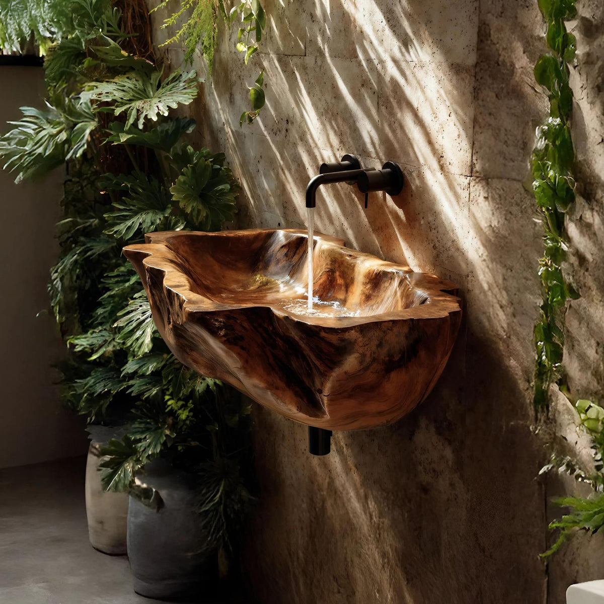 Farmhouse Solid Wood Vessel Sink, Rustic Natural Wooden Wash Basin for Bathroom & Vanity Faucet Decor