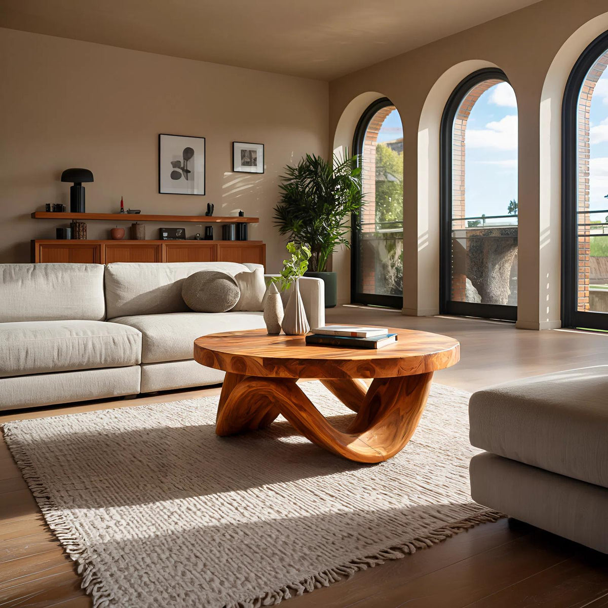 Spry Interior Modern Sculptural Wooden Coffee Table with Curved Wave Base, Unique Organic Center Table, Model RTTHTTCF041
