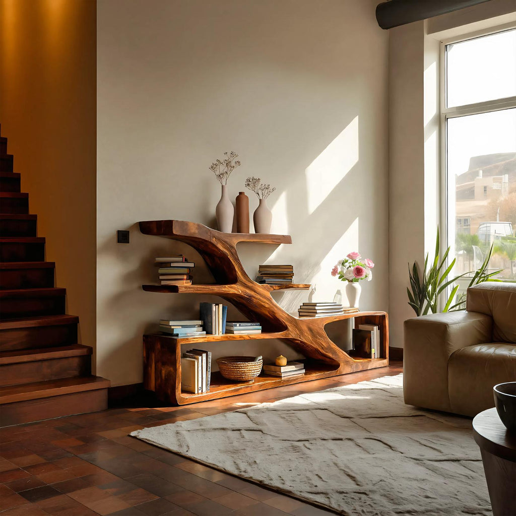 Modern Sculptural Curved Bookcase, Handcrafted Wood Bookshelf with Arched Shelves for Living Room & Home Library