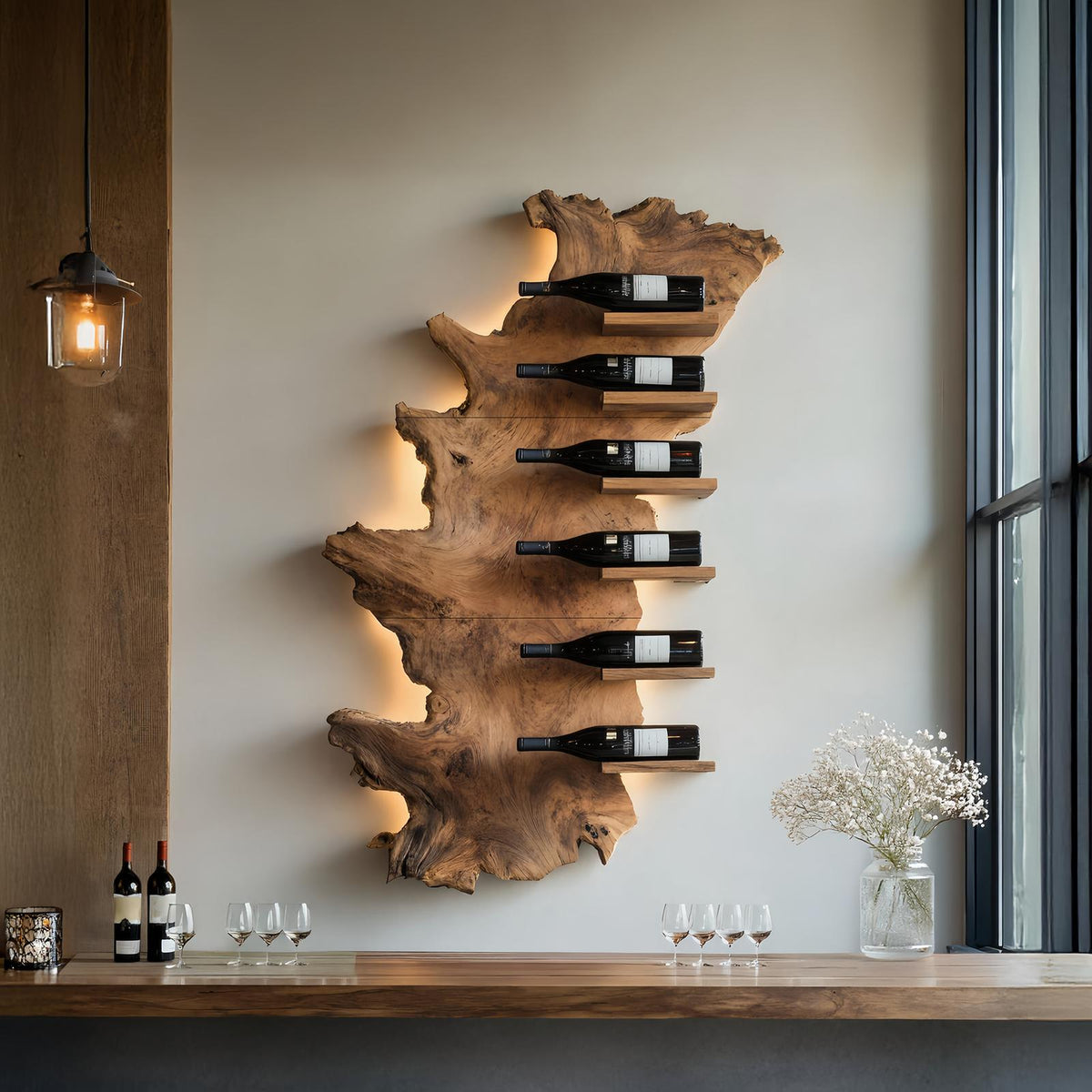 Handcrafted Live Edge Wooden Wine Holder, Rustic Solid Wood Bottle Storage Shelf for Bar Display
