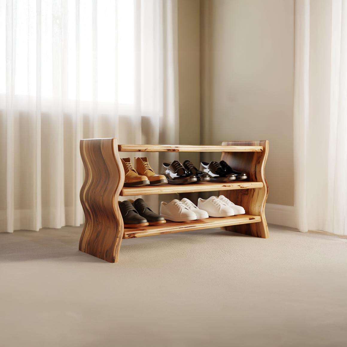 Modern Sculpted Shoe Organizer, Solid Wood Storage Bench Cabinet for Entryway, Living Room, Mudroom & Hallway