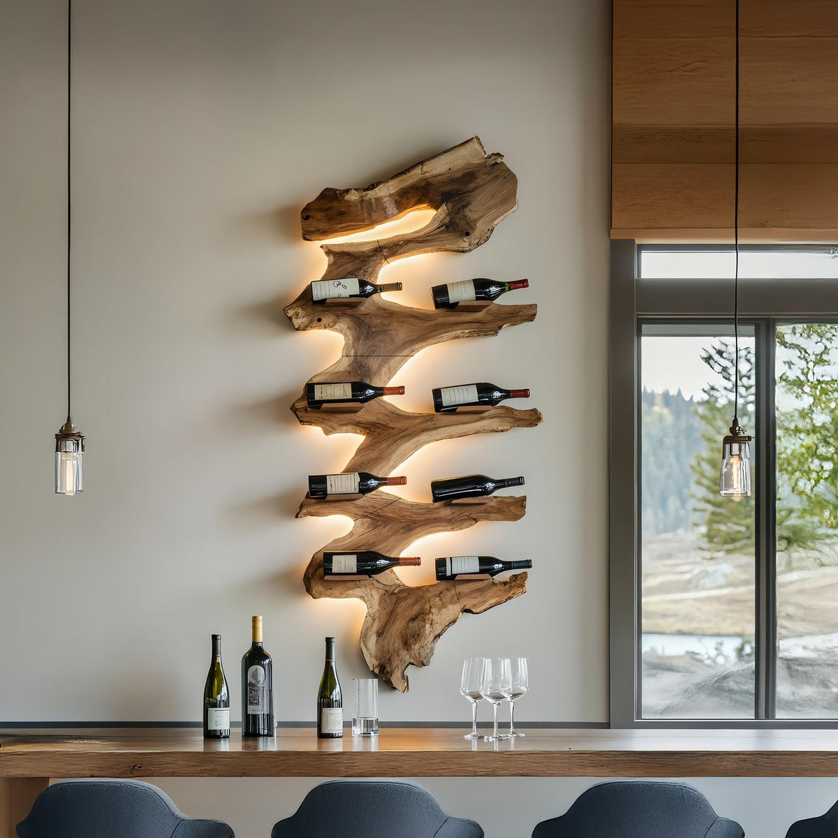 Modern Solid Wood Wine Rack, Handcrafted Wooden Wine Bottle Holder Shelf for Living Room