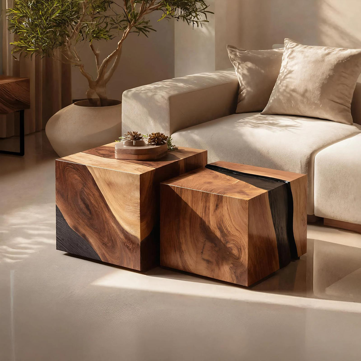 Spry Interior Modern Wooden Cube Coffee Table, Handcrafted Block End Side Table & Bedside Nightstand for Minimalist Home, SILDTTNCF031