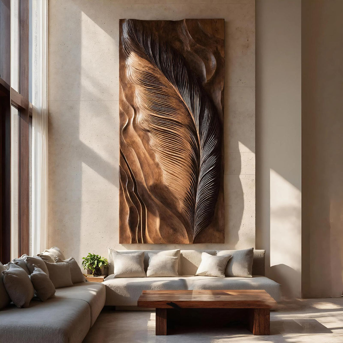 Hand-Carved Feather Wood Wall Art, 3D Natural Wooden Feather Sculpture Panel for Modern Living Room