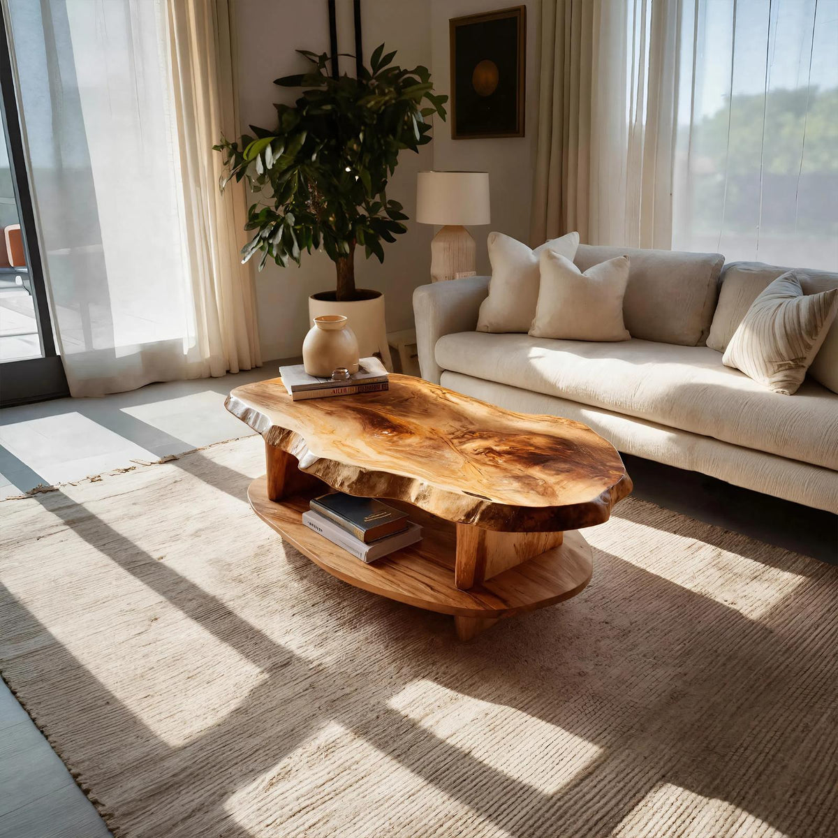 Rustic Wooden Coffee Table with Live Edge & Open Storage Shelf, Solid Wood Center Table, Model