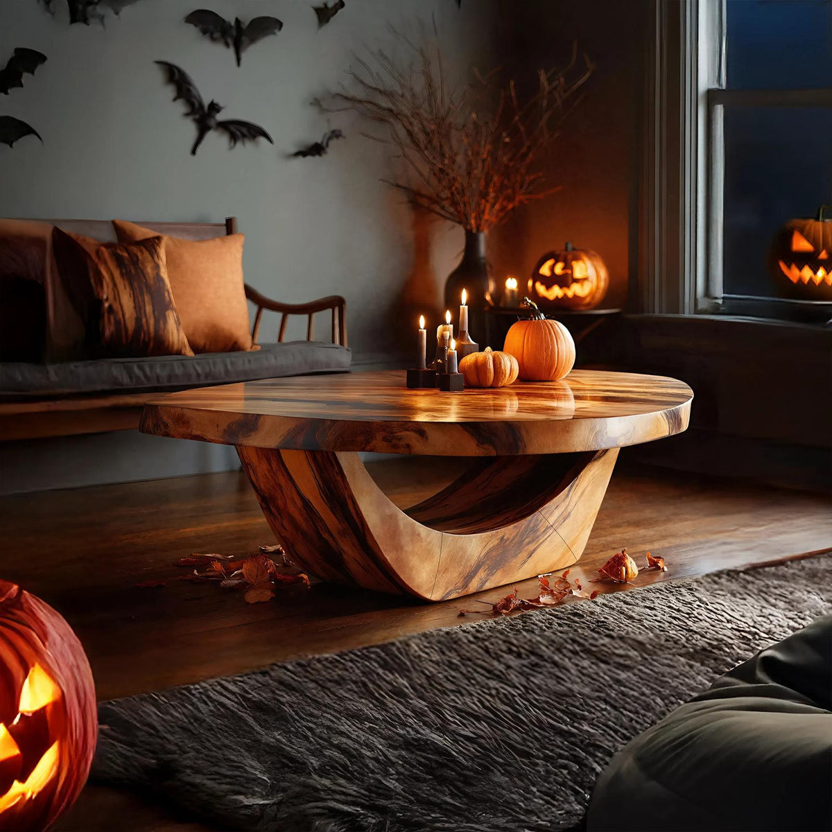 Modern Solid Wood Coffee Table, Ghostly Halloween Style Sculptural Live Edge Accent Table for Living Room