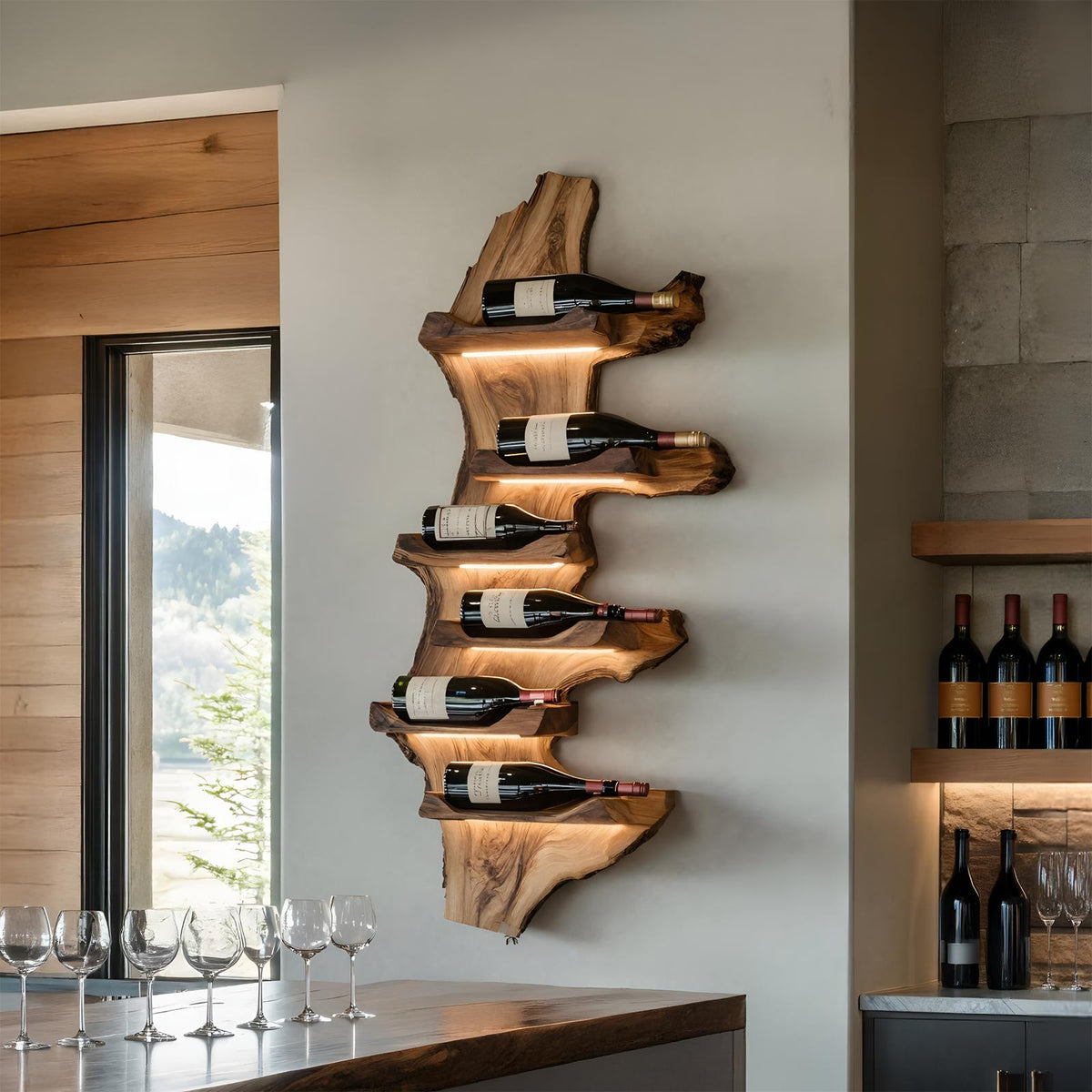 Farmhouse Live Edge Wooden Wine Holder, Rustic Solid Wood Bottle Storage Stand for Entryway Decor