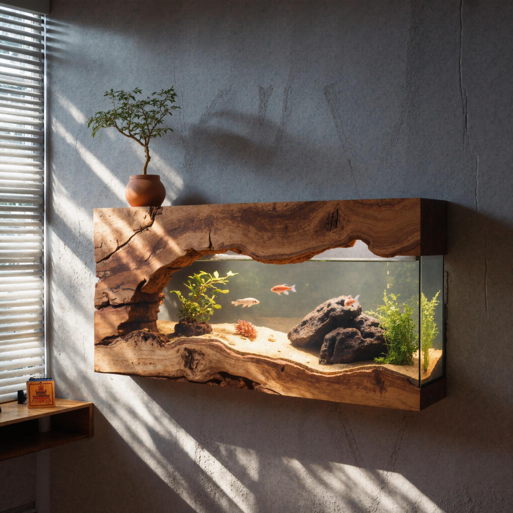 Wall Mounted Wooden Aquarium Frame, Handcrafted Floating Fish Tank Decor for Office & Living Room Wall Art