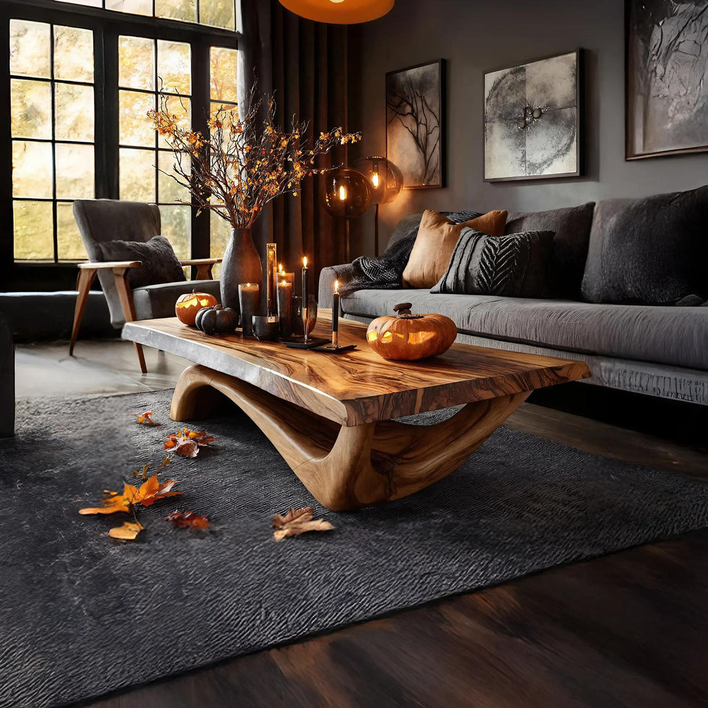 Modern Solid Wood Coffee Table, Spooky Haunted Style Live Edge Wooden Table Top for Halloween Living Room Decor