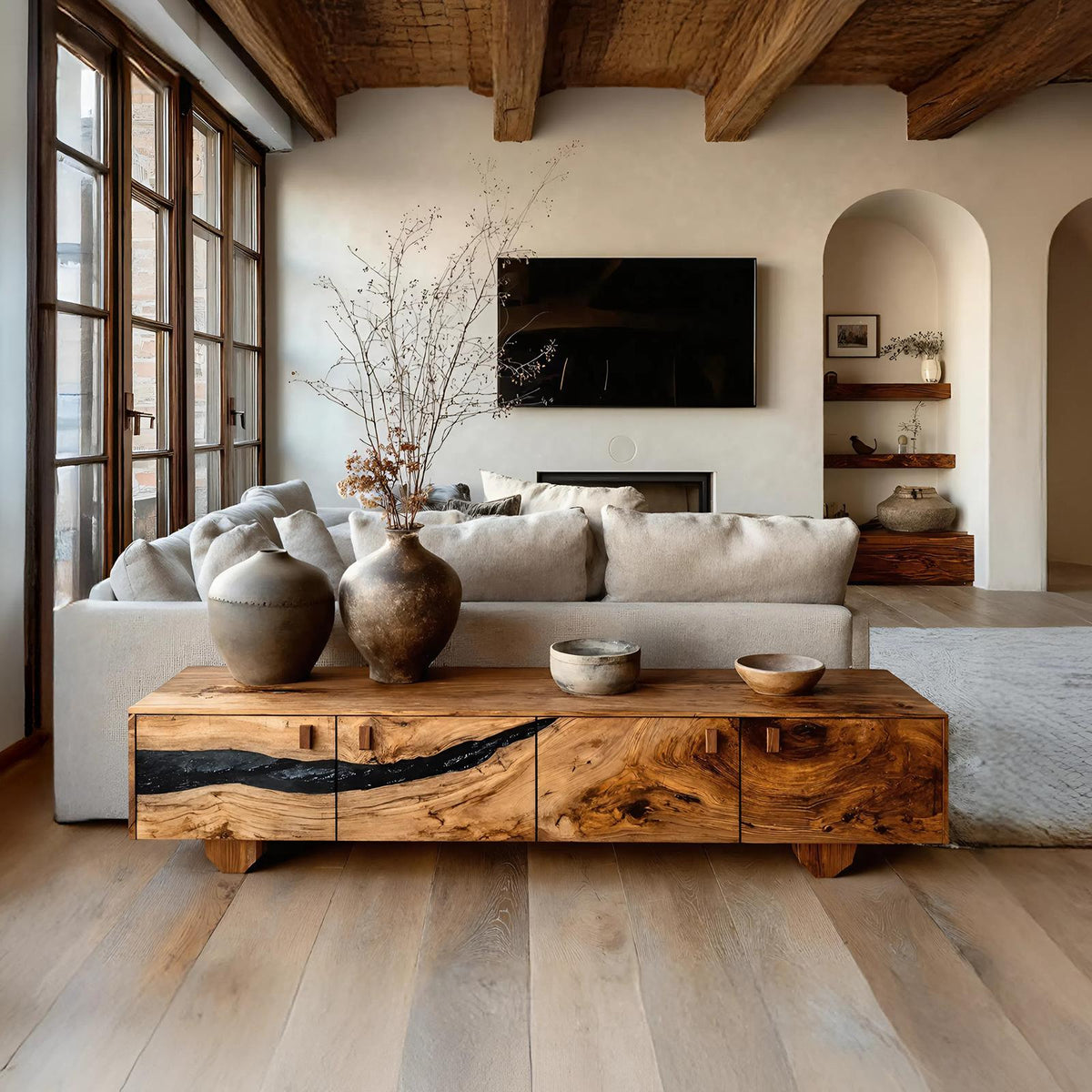 Farmhouse Live Edge TV Cabinet, Rustic Solid Wood Media Console & Bedroom Entertainment Center