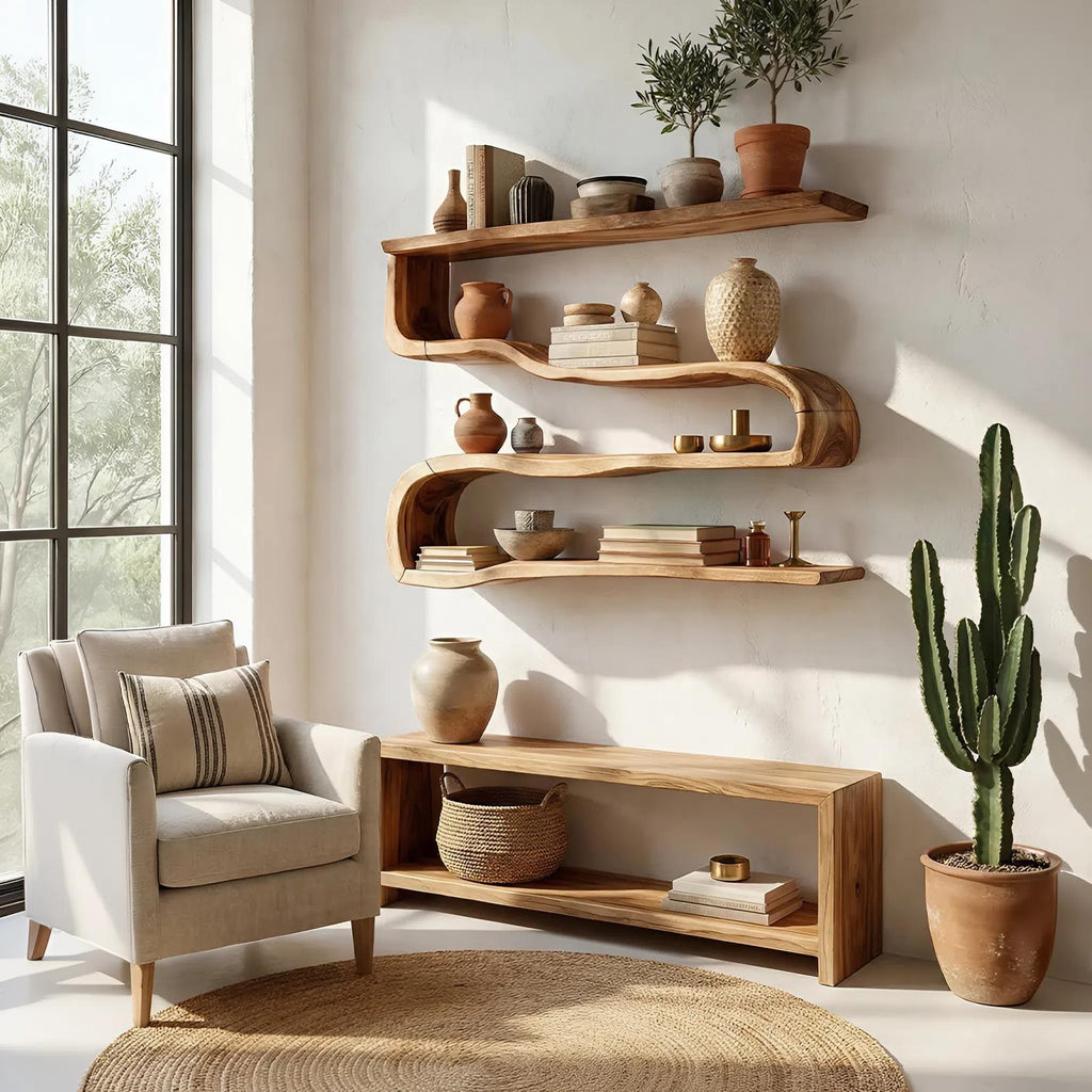 Modern Wooden Shelving Unit, Handcrafted Solid Wood Floating Wall Bookshelf & Display Rack for Living Room Storage Organizer