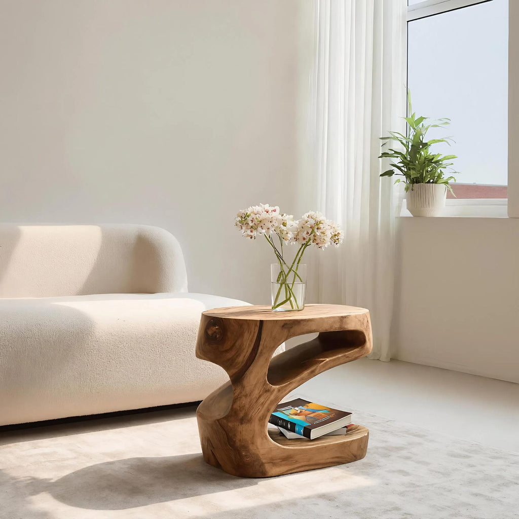 Artistic Side Table with Storage Shelf, Handcrafted Solid Wood End Table & Nightstand for Living Room, Model