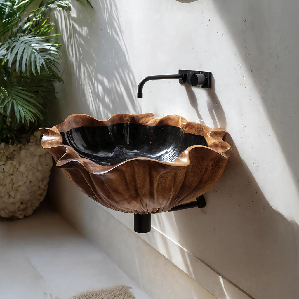 Farmhouse Live Edge Wooden Vessel Sink, Rustic Solid Wood Wash Basin for Bathroom Vanity Countertop